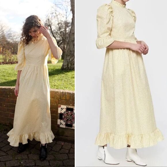 Batsheva Collarless Kate Dress Yellow Moire Maxi Ruffle Hem Lace Trim, Size 6 - Picture 11 of 12